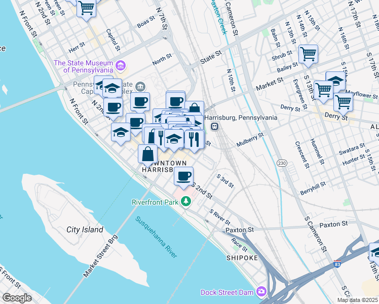 map of restaurants, bars, coffee shops, grocery stores, and more near 260 Chestnut Street in Harrisburg