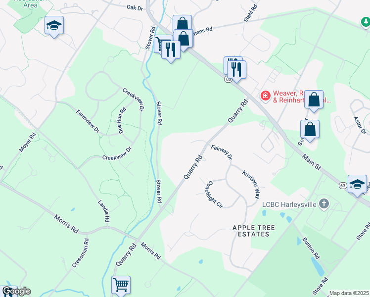 map of restaurants, bars, coffee shops, grocery stores, and more near 208 Fairway Court in Harleysville