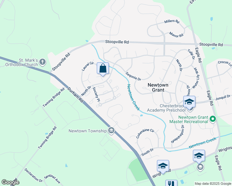 map of restaurants, bars, coffee shops, grocery stores, and more near 3503 Society Place in Newtown