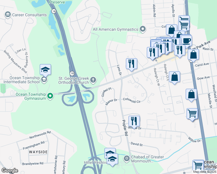 map of restaurants, bars, coffee shops, grocery stores, and more near 14 Gimbel Place in Ocean Township