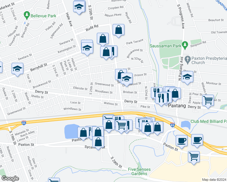 map of restaurants, bars, coffee shops, grocery stores, and more near 2712 Woodlawn Street in Harrisburg