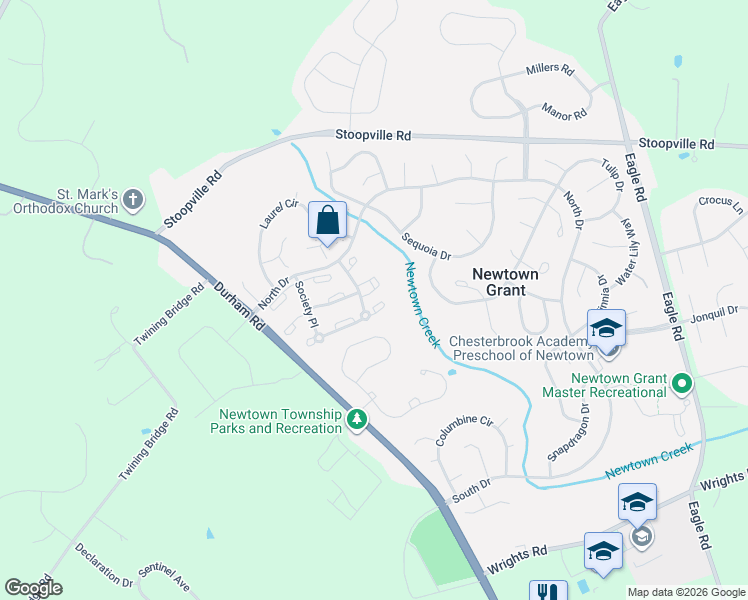 map of restaurants, bars, coffee shops, grocery stores, and more near 1409 Society Place in Newtown