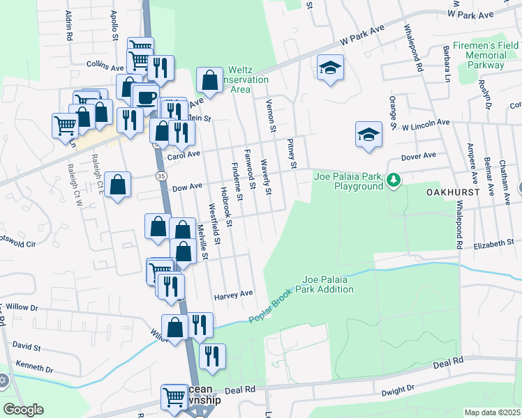 map of restaurants, bars, coffee shops, grocery stores, and more near 1709 Fanwood Street in Ocean Township