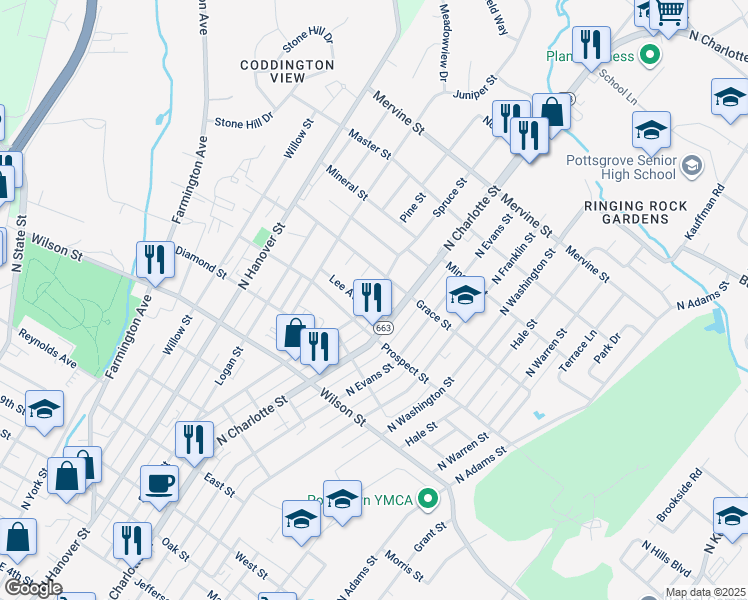 map of restaurants, bars, coffee shops, grocery stores, and more near 932 Spruce Street in Pottstown