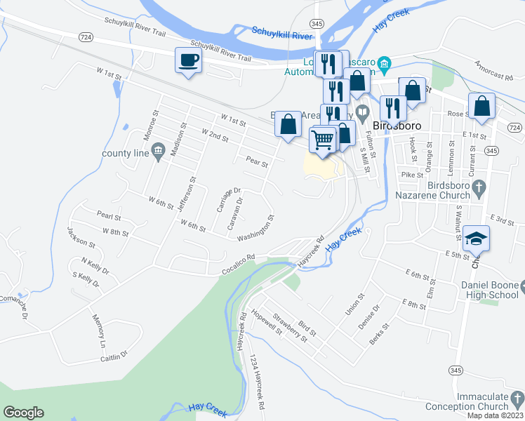 map of restaurants, bars, coffee shops, grocery stores, and more near 301 Washington Street in Birdsboro
