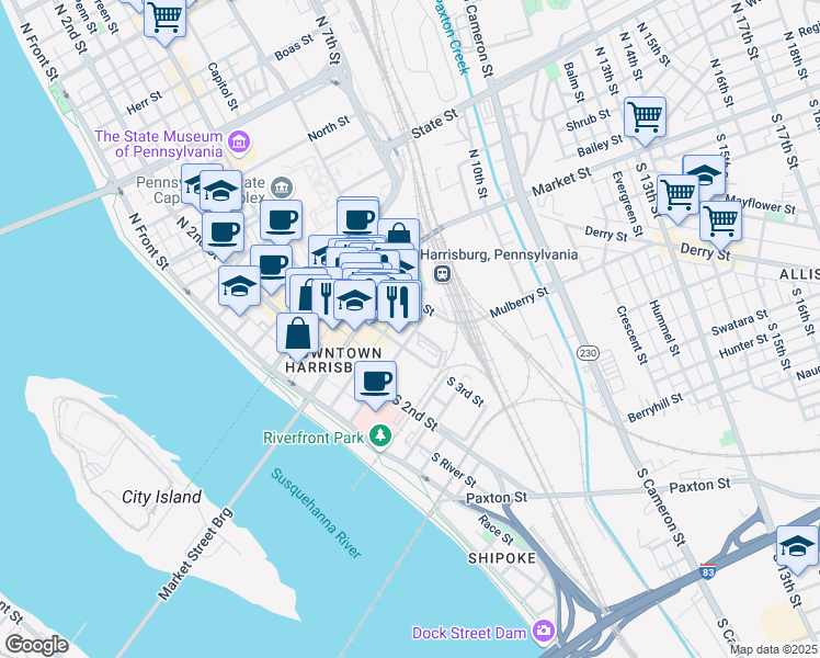 map of restaurants, bars, coffee shops, grocery stores, and more near 318 Chestnut Street in Harrisburg