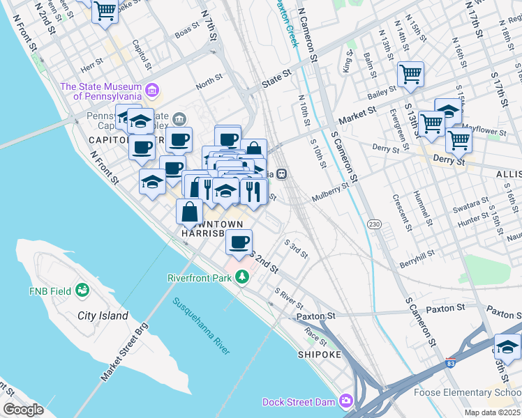 map of restaurants, bars, coffee shops, grocery stores, and more near 318 Chestnut Street in Harrisburg
