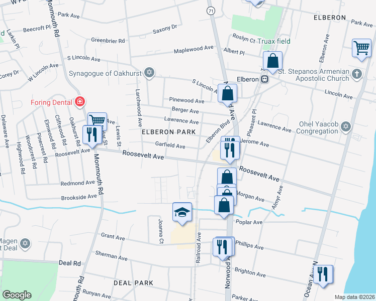 map of restaurants, bars, coffee shops, grocery stores, and more near 259 Roosevelt Avenue in Monmouth County
