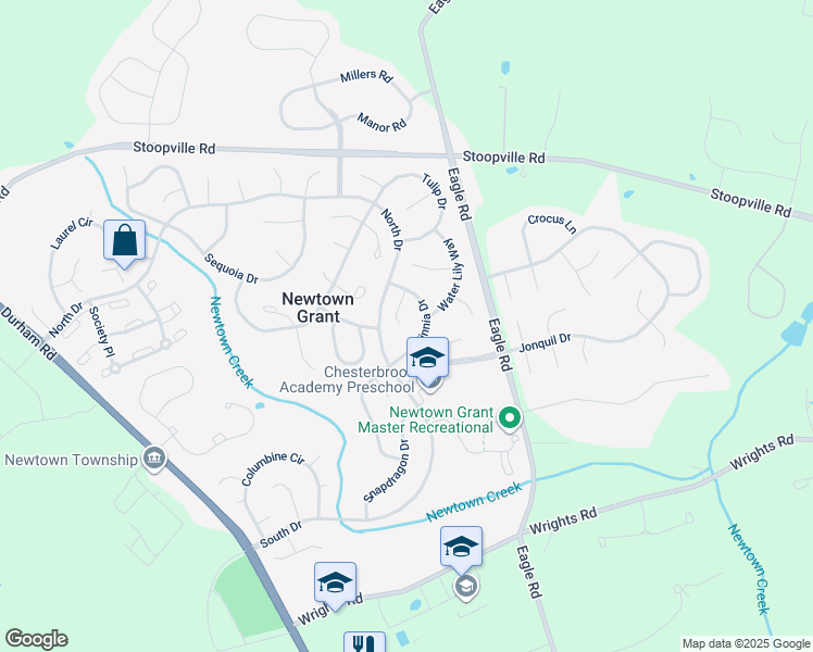 map of restaurants, bars, coffee shops, grocery stores, and more near 7 Hyacinth Court in Newtown