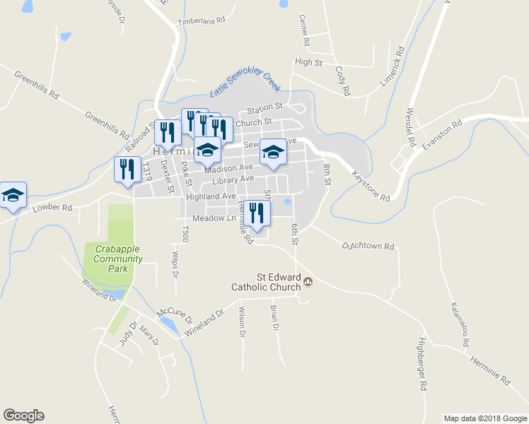 map of restaurants, bars, coffee shops, grocery stores, and more near 50 5th Street in Herminie