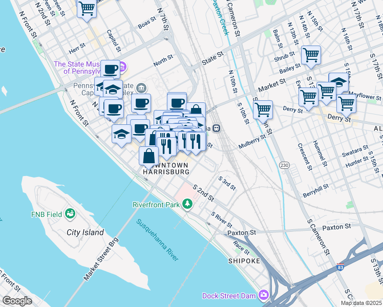map of restaurants, bars, coffee shops, grocery stores, and more near 19 South 3rd Street in Harrisburg