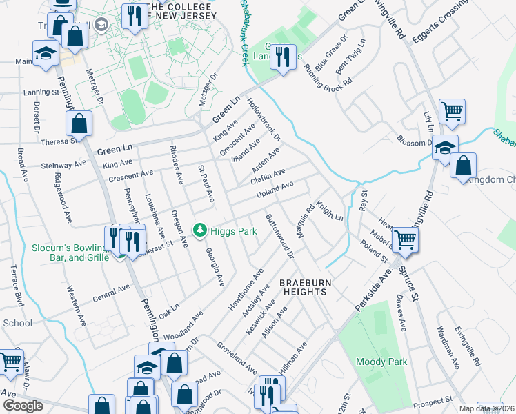 map of restaurants, bars, coffee shops, grocery stores, and more near 209 Buttonwood Drive in Ewing Township