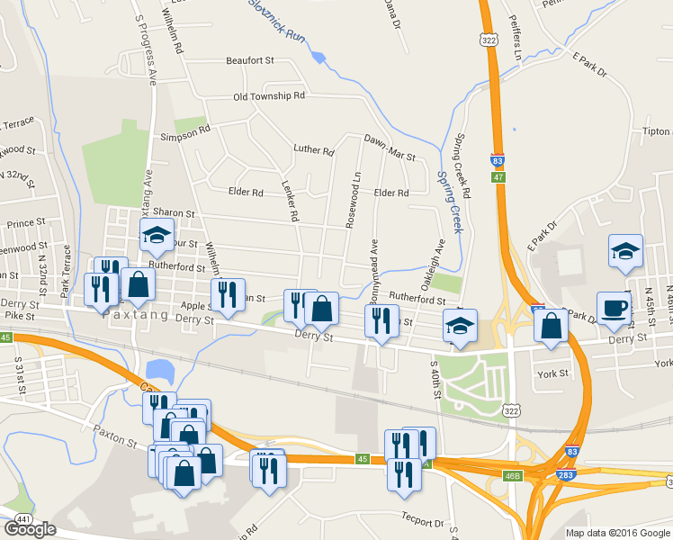 map of restaurants, bars, coffee shops, grocery stores, and more near 260 Rosewood Lane in Harrisburg