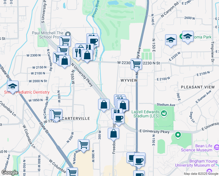 map of restaurants, bars, coffee shops, grocery stores, and more near 1849 North Freedom Boulevard in Provo