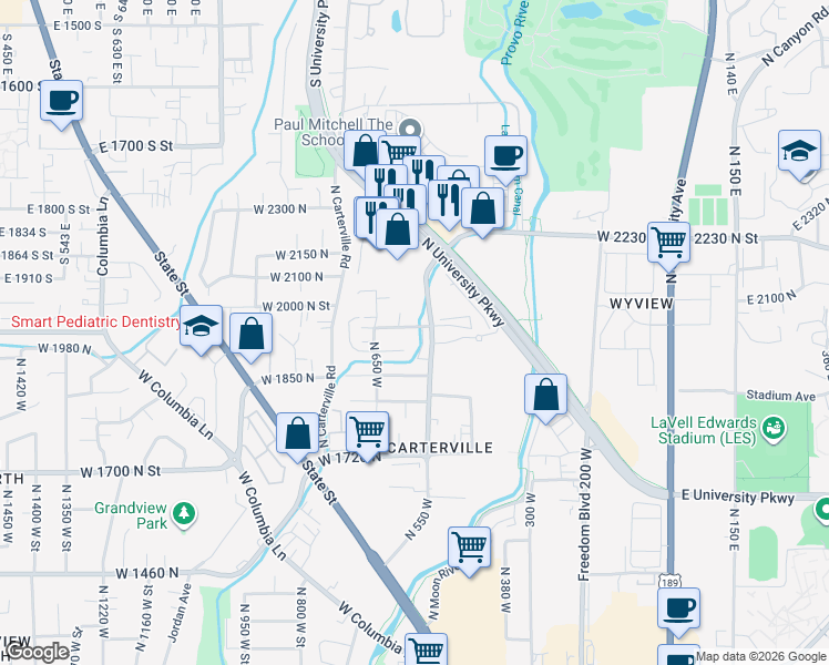 map of restaurants, bars, coffee shops, grocery stores, and more near 604 West 1925 North Street in Provo
