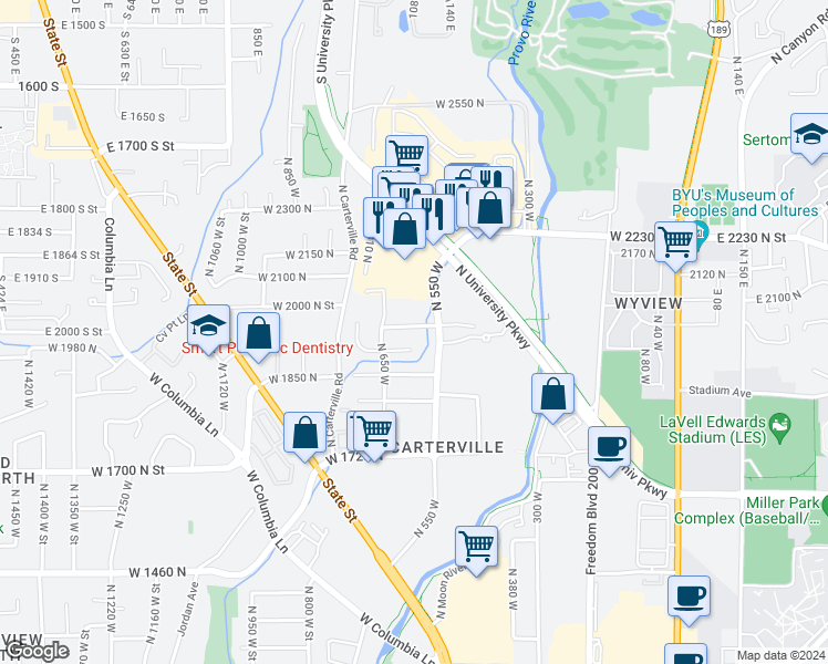 map of restaurants, bars, coffee shops, grocery stores, and more near 604 West 1925 North Street in Provo
