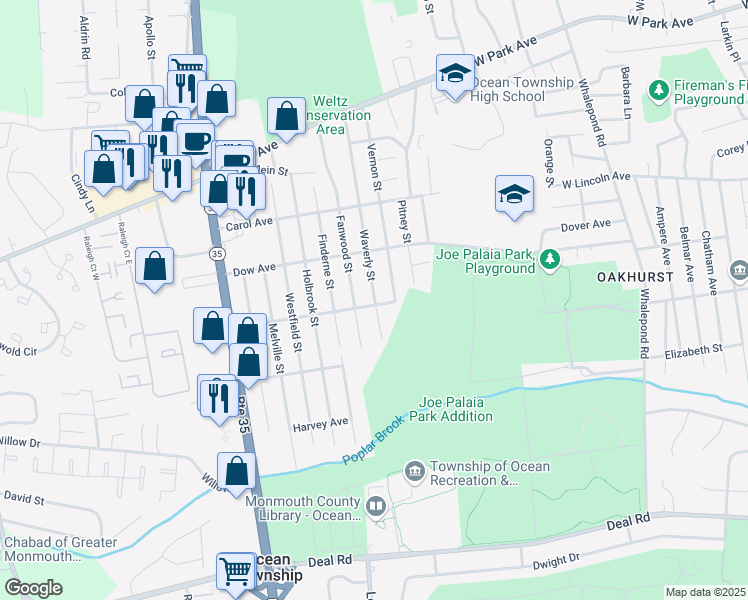 map of restaurants, bars, coffee shops, grocery stores, and more near 1802 Waverly Street in Monmouth County