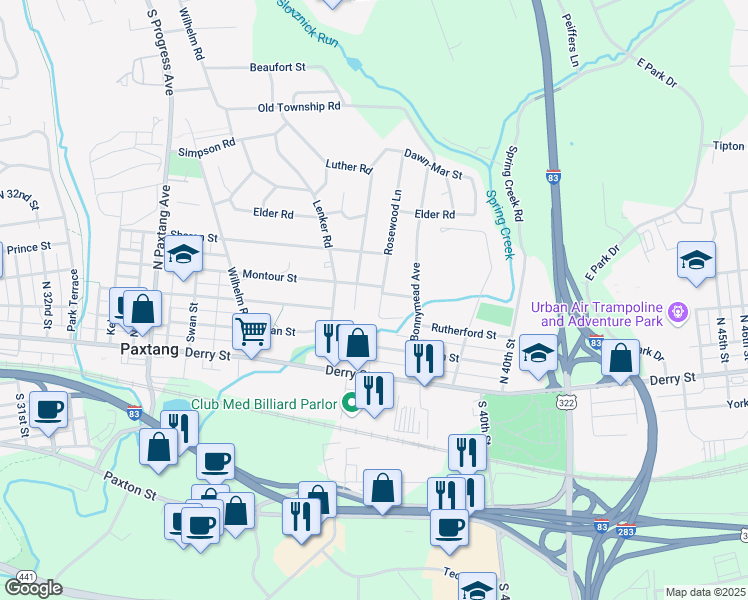 map of restaurants, bars, coffee shops, grocery stores, and more near 260 Rosewood Lane in Harrisburg