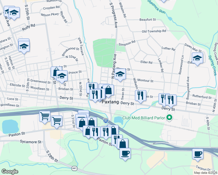 map of restaurants, bars, coffee shops, grocery stores, and more near 101 North Paxtang Avenue in Harrisburg