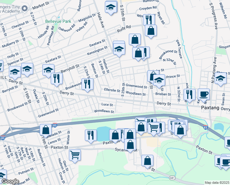 map of restaurants, bars, coffee shops, grocery stores, and more near 2426 Derry Street in Harrisburg