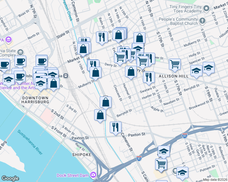 map of restaurants, bars, coffee shops, grocery stores, and more near 336 Crescent Street in Harrisburg