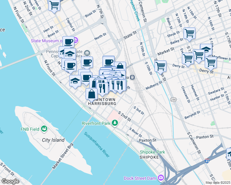 map of restaurants, bars, coffee shops, grocery stores, and more near 260 Chestnut Street in Harrisburg