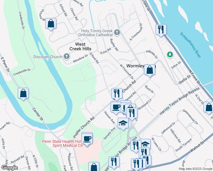 map of restaurants, bars, coffee shops, grocery stores, and more near 630 Grandview Avenue in Camp Hill