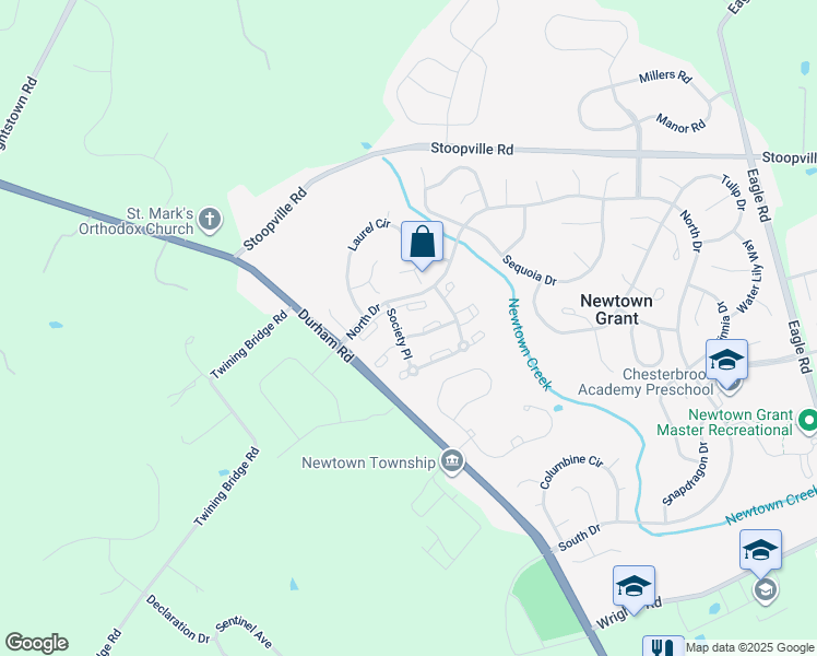 map of restaurants, bars, coffee shops, grocery stores, and more near 1908 Society Place in Newtown
