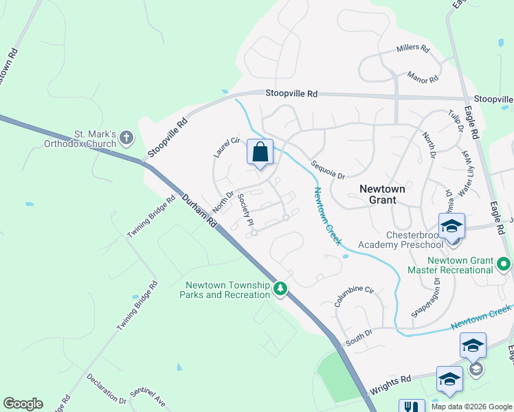 map of restaurants, bars, coffee shops, grocery stores, and more near 1914 Society Place in Newtown