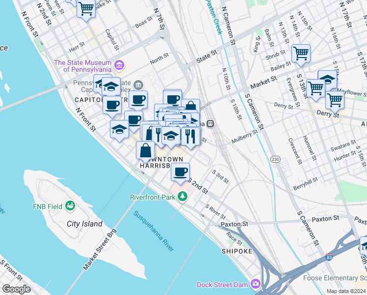 map of restaurants, bars, coffee shops, grocery stores, and more near 15 South 3rd Street in Harrisburg