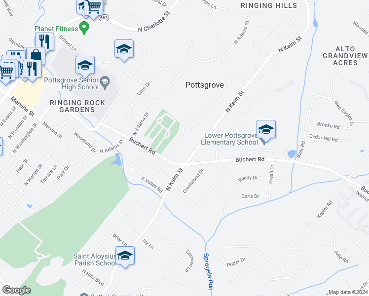 map of restaurants, bars, coffee shops, grocery stores, and more near 1236 North Valley Road in Pottstown