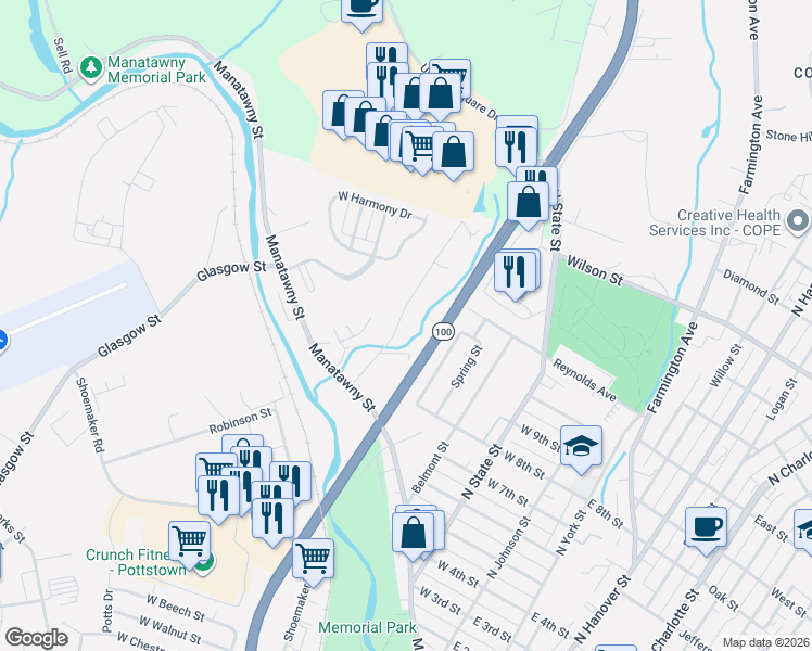 map of restaurants, bars, coffee shops, grocery stores, and more near 504 Upland Street in Pottstown