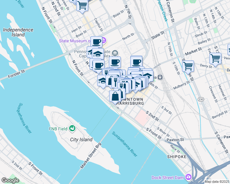 map of restaurants, bars, coffee shops, grocery stores, and more near 114 Walnut Street in Harrisburg