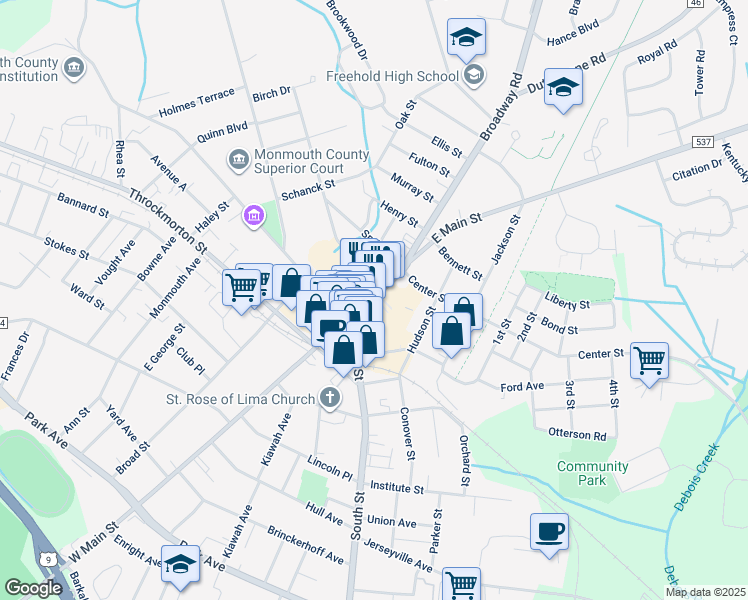 map of restaurants, bars, coffee shops, grocery stores, and more near 28 East Main Street in Freehold