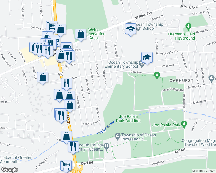 map of restaurants, bars, coffee shops, grocery stores, and more near 609 Auth Avenue in Monmouth County