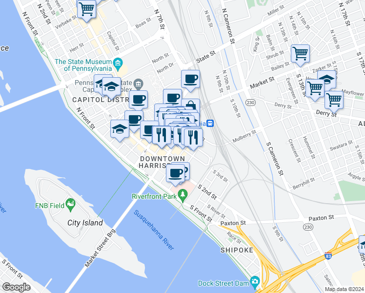 map of restaurants, bars, coffee shops, grocery stores, and more near 11 South 3rd Street in Harrisburg