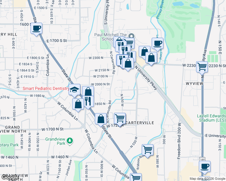 map of restaurants, bars, coffee shops, grocery stores, and more near 1915 North Carterville Road in Provo