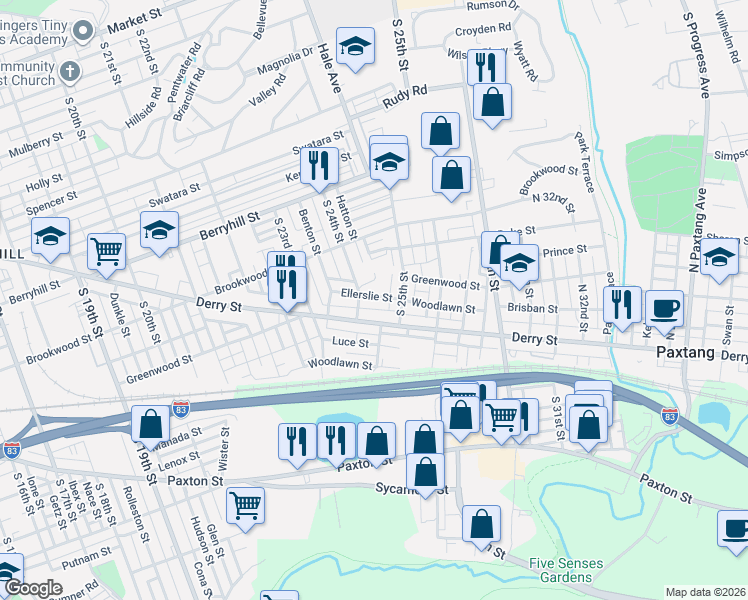 map of restaurants, bars, coffee shops, grocery stores, and more near 2426 Derry Street in Harrisburg