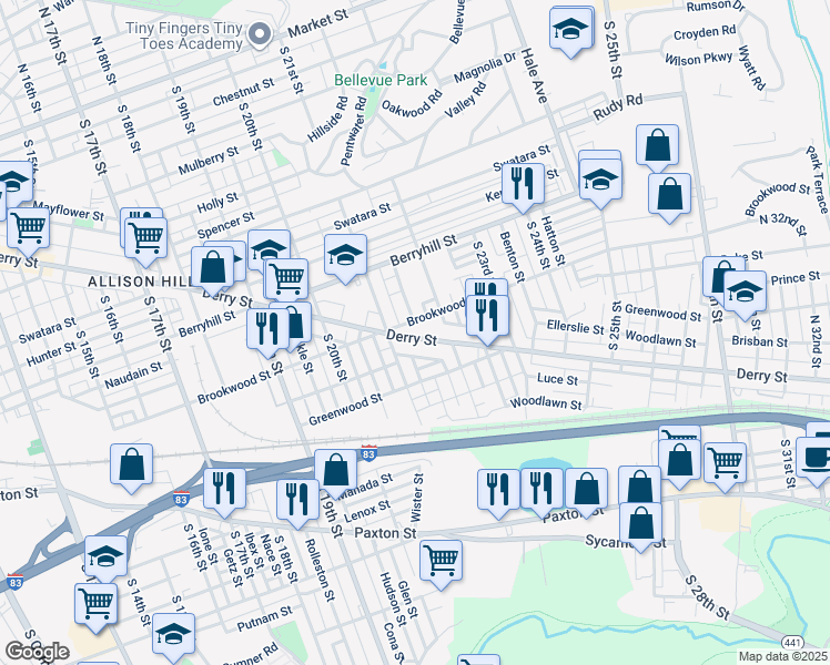 map of restaurants, bars, coffee shops, grocery stores, and more near 921 South 21st Street in Harrisburg