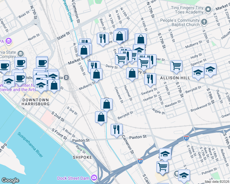 map of restaurants, bars, coffee shops, grocery stores, and more near 336 Crescent Street in Harrisburg