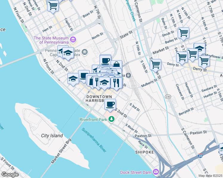 map of restaurants, bars, coffee shops, grocery stores, and more near 260 Chestnut Street in Harrisburg