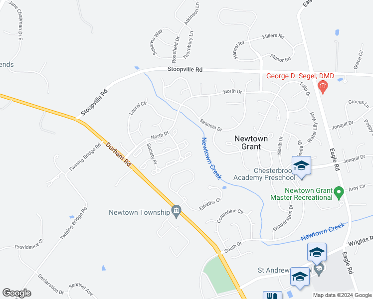 map of restaurants, bars, coffee shops, grocery stores, and more near 3510 Society Place in Newtown