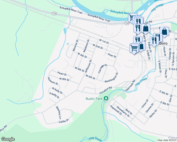 map of restaurants, bars, coffee shops, grocery stores, and more near 527 Jefferson St in Birdsboro