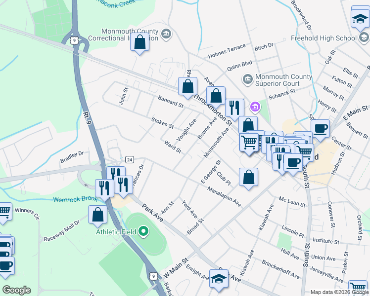 map of restaurants, bars, coffee shops, grocery stores, and more near 62 Bowne Avenue in Freehold