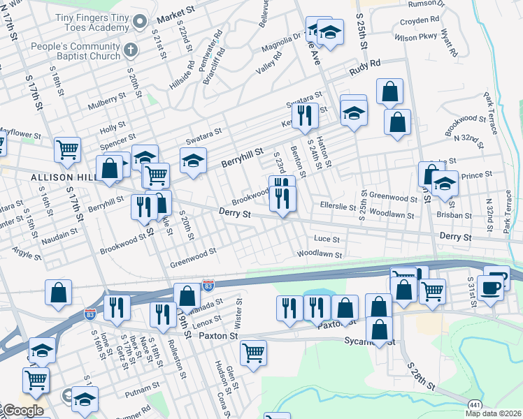 map of restaurants, bars, coffee shops, grocery stores, and more near 2171 Derry Street in Harrisburg