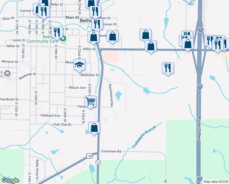 map of restaurants, bars, coffee shops, grocery stores, and more near 901-1199 Ranchwood Road in Bethany