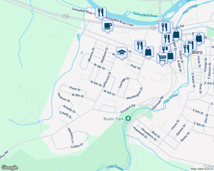 map of restaurants, bars, coffee shops, grocery stores, and more near 527 Jefferson St in Birdsboro