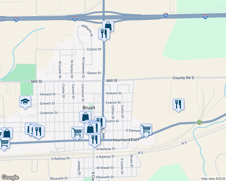 map of restaurants, bars, coffee shops, grocery stores, and more near 615 Clifton Street in Brush