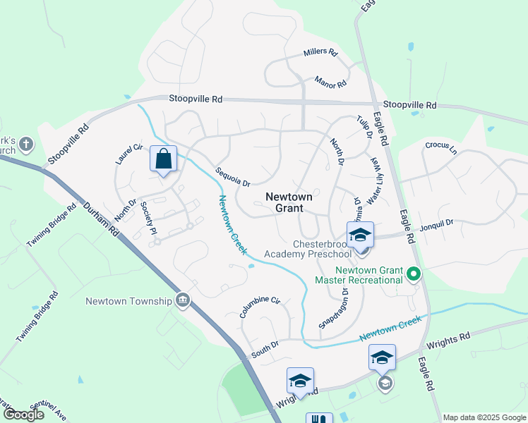 map of restaurants, bars, coffee shops, grocery stores, and more near 2 Camellia Court in Newtown