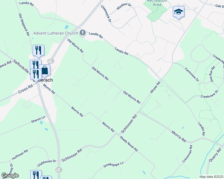 map of restaurants, bars, coffee shops, grocery stores, and more near 386 Old Morris Road in Harleysville